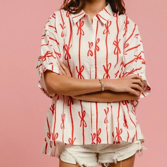 BiBi Bow Ribbon Woven Printed Button Down Shirt - Picture 1 of 13